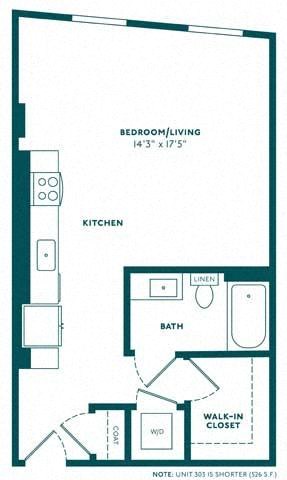 Floor plan for studio, 1 bath, 588 sqft
